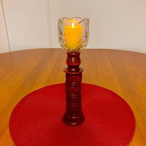 Vintage Wooden Votive Candleholder With Four Napkin Rings And Glass Votive